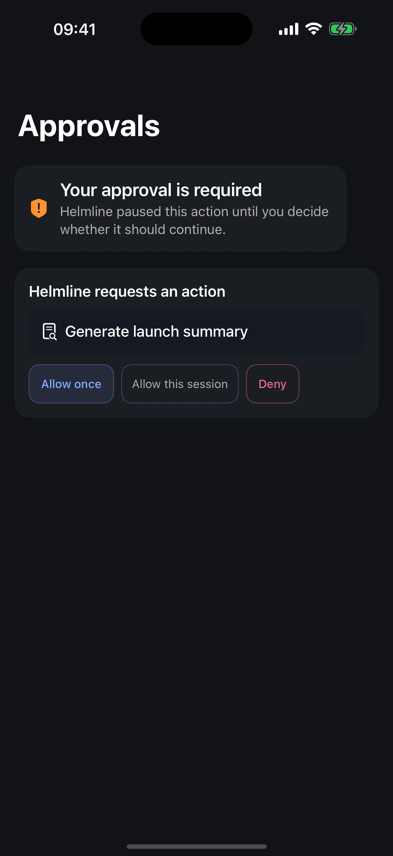 Helmline approval request with allow-once, session-level permission, and deny choices