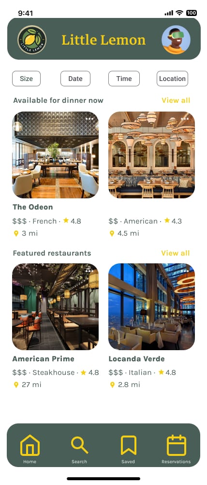 Little Lemon restaurant browsing prototype showing filters and restaurant cards