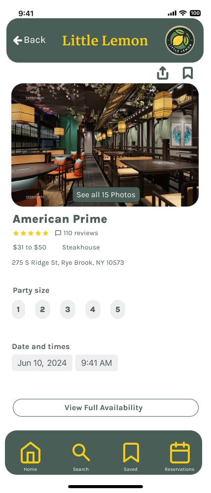 Little Lemon reservation prototype showing party size, date, time, and availability controls