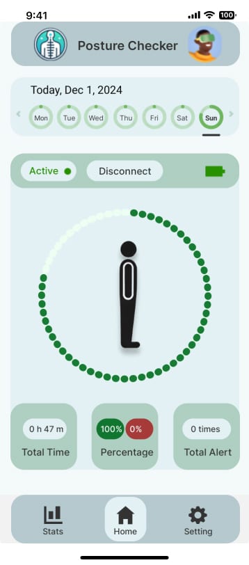 Posture Checker interface prototype showing connection, posture, and immediate feedback